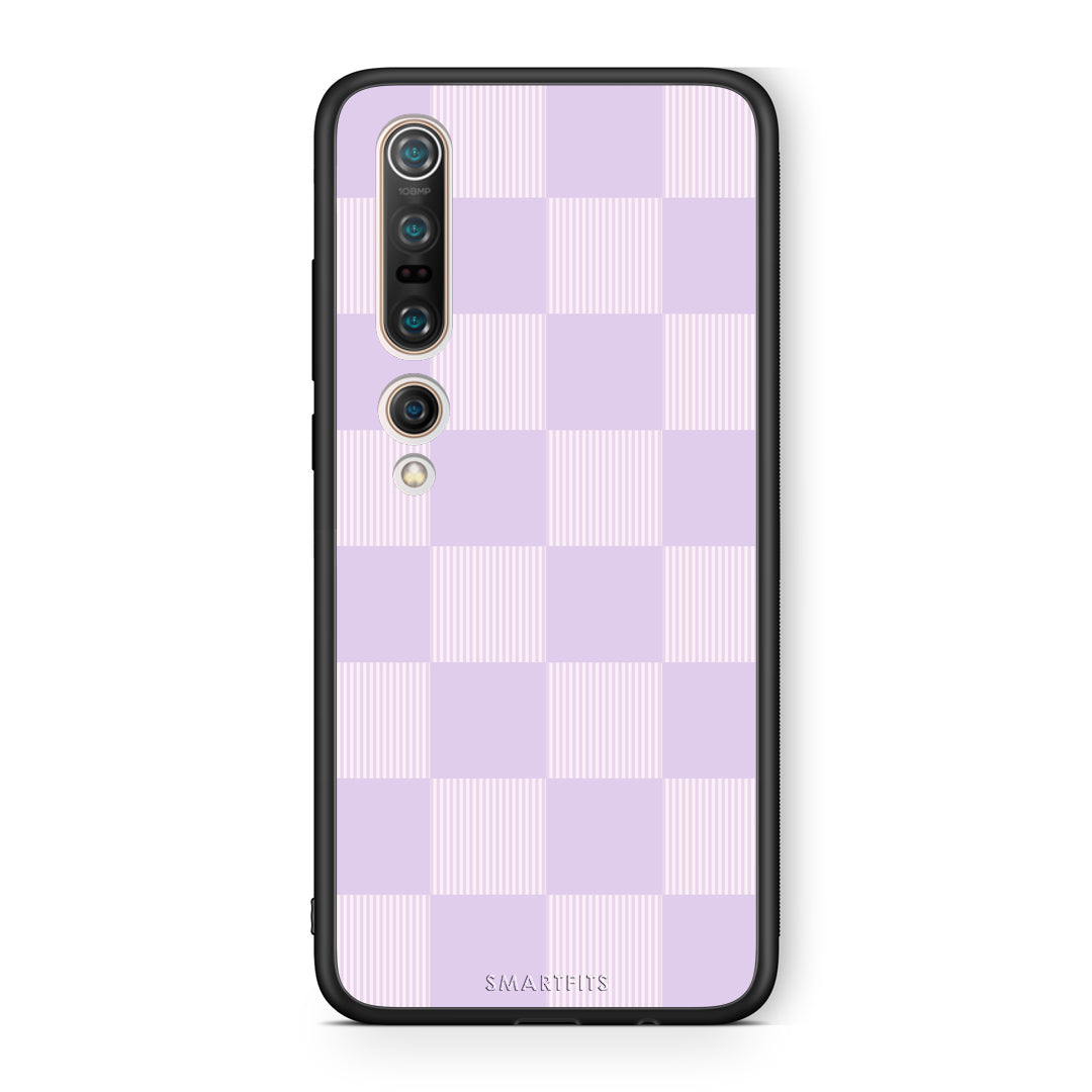 Θήκη Xiaomi Mi 10 Lilac and Cream Striped Checks από τη Smartfits με σχέδιο στο πίσω μέρος και μαύρο περίβλημα | Xiaomi Mi 10 Lilac and Cream Striped Checks case with colorful back and black bezels