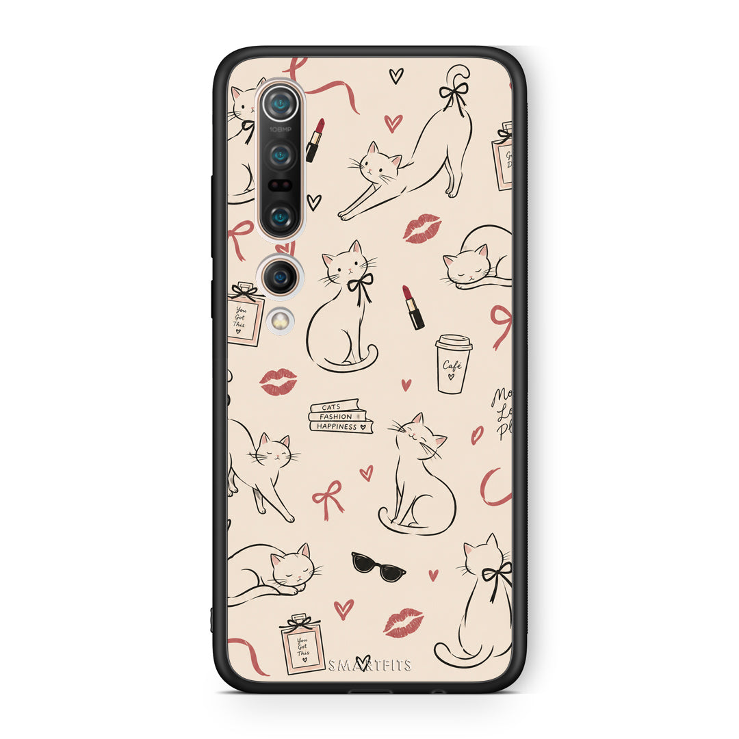 Θήκη Xiaomi Mi 10 Minimal Cat and Fashion Doodles on Cream από τη Smartfits με σχέδιο στο πίσω μέρος και μαύρο περίβλημα | Xiaomi Mi 10 Minimal Cat and Fashion Doodles on Cream case with colorful back and black bezels