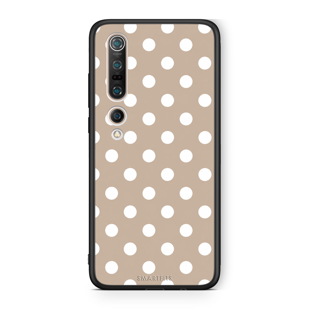 Θήκη Xiaomi Mi 10 White Polka Dots on Taupe από τη Smartfits με σχέδιο στο πίσω μέρος και μαύρο περίβλημα | Xiaomi Mi 10 White Polka Dots on Taupe case with colorful back and black bezels