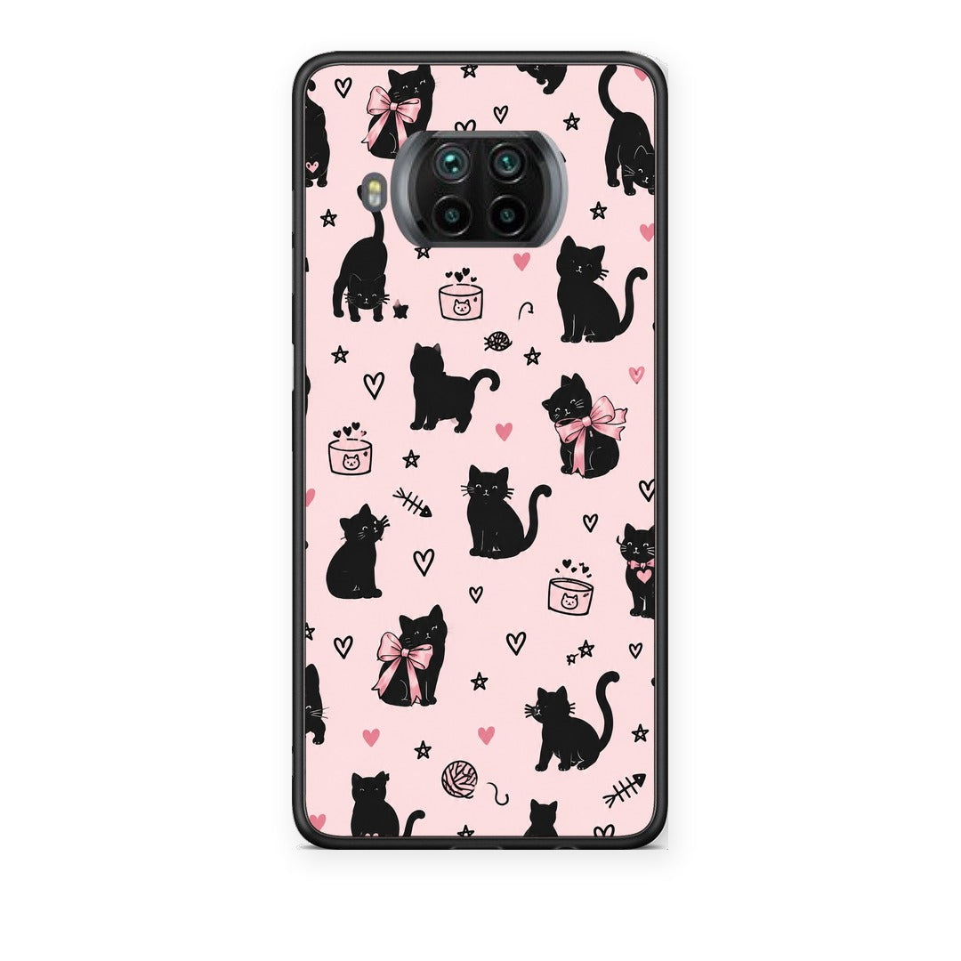Θήκη Xiaomi Mi 10T Lite Black Cat Doodles on Pink από τη Smartfits με σχέδιο στο πίσω μέρος και μαύρο περίβλημα | Xiaomi Mi 10T Lite Black Cat Doodles on Pink case with colorful back and black bezels