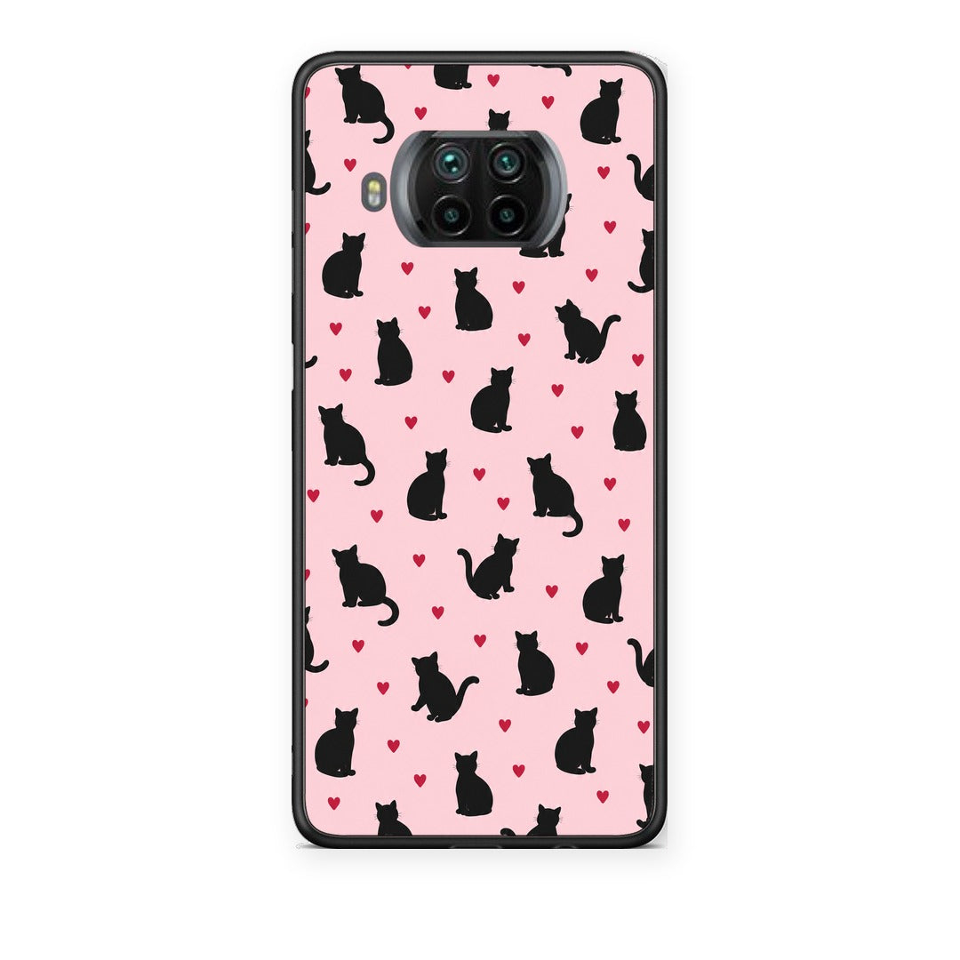 Θήκη Xiaomi Mi 10T Lite Black Cat Silhouettes and Hearts on Pink από τη Smartfits με σχέδιο στο πίσω μέρος και μαύρο περίβλημα | Xiaomi Mi 10T Lite Black Cat Silhouettes and Hearts on Pink case with colorful back and black bezels