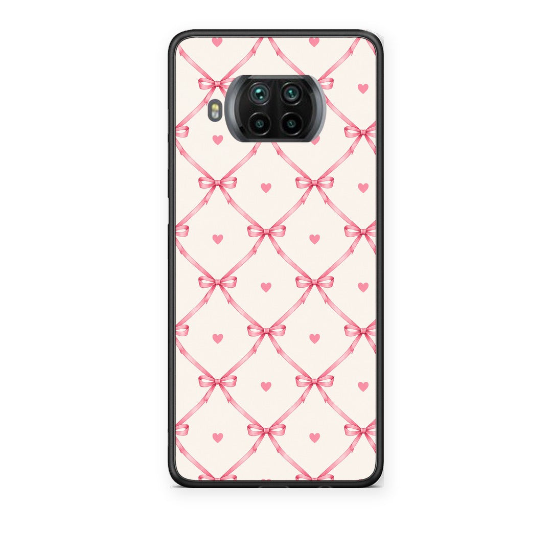 Θήκη Xiaomi Mi 10T Lite Pink Bow Lattice and Hearts on Cream από τη Smartfits με σχέδιο στο πίσω μέρος και μαύρο περίβλημα | Xiaomi Mi 10T Lite Pink Bow Lattice and Hearts on Cream case with colorful back and black bezels