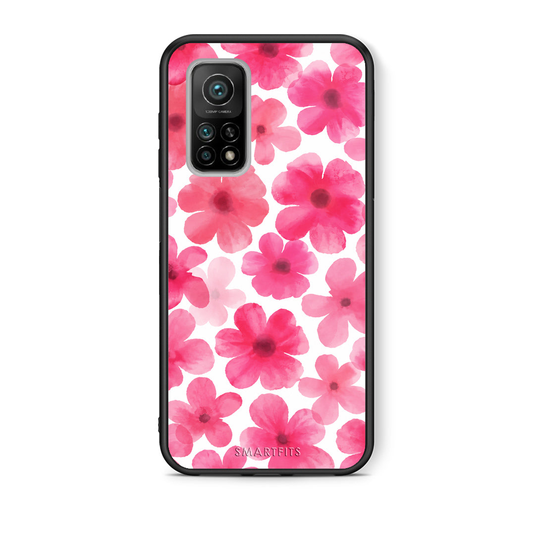 Θήκη Xiaomi Mi 10T / 10T Pro Pink Watercolour Flowers on White από τη Smartfits με σχέδιο στο πίσω μέρος και μαύρο περίβλημα | Xiaomi Mi 10T / 10T Pro Pink Watercolour Flowers on White case with colorful back and black bezels