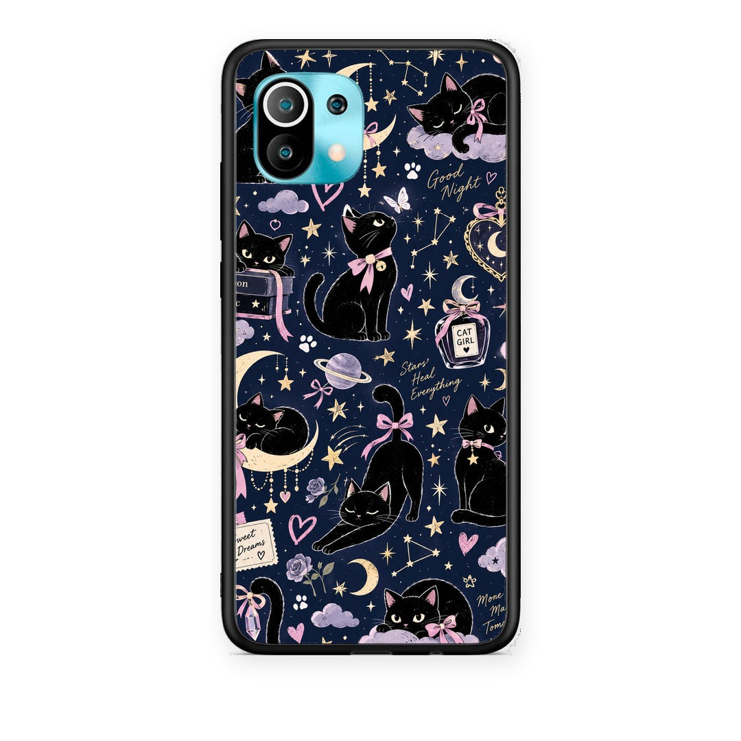 Θήκη Xiaomi Mi 11 / 11 Pro Celestial Black Cats on Navy από τη Smartfits με σχέδιο στο πίσω μέρος και μαύρο περίβλημα | Xiaomi Mi 11 / 11 Pro Celestial Black Cats on Navy case with colorful back and black bezels