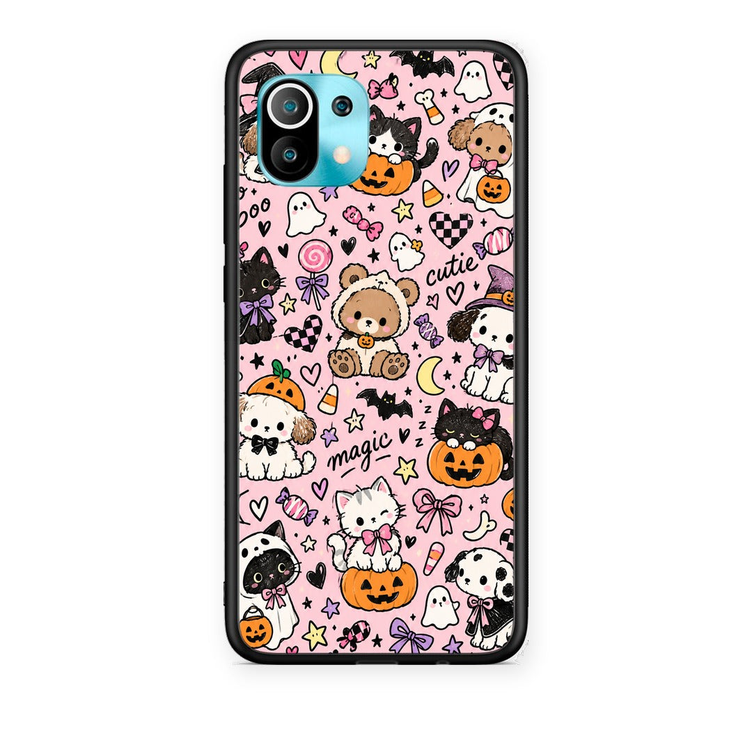 Θήκη Xiaomi Mi 11 / 11 Pro Halloween Cute Animals on Pink από τη Smartfits με σχέδιο στο πίσω μέρος και μαύρο περίβλημα | Xiaomi Mi 11 / 11 Pro Halloween Cute Animals on Pink case with colorful back and black bezels