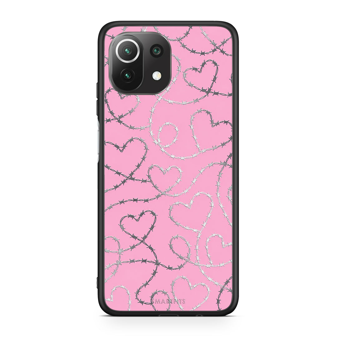 Θήκη Xiaomi 11 Lite 5G NE / Mi 11 Lite Barbed Wire Hearts on Pink από τη Smartfits με σχέδιο στο πίσω μέρος και μαύρο περίβλημα | Xiaomi 11 Lite 5G NE / Mi 11 Lite Barbed Wire Hearts on Pink case with colorful back and black bezels