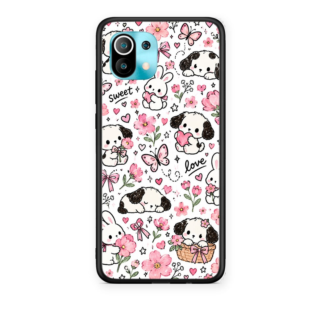 Θήκη Xiaomi Mi 11 / 11 Pro Pink Florals Puppies and Bunnies on White από τη Smartfits με σχέδιο στο πίσω μέρος και μαύρο περίβλημα | Xiaomi Mi 11 / 11 Pro Pink Florals Puppies and Bunnies on White case with colorful back and black bezels
