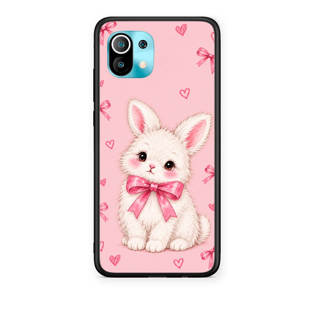 Θήκη Xiaomi Mi 11 / 11 Pro White Bunny and Pink Bows από τη Smartfits με σχέδιο στο πίσω μέρος και μαύρο περίβλημα | Xiaomi Mi 11 / 11 Pro White Bunny and Pink Bows case with colorful back and black bezels