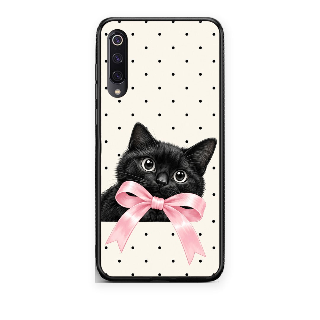 Θήκη Xiaomi Mi 9 Black Kitten Pink Bow and Polka Dots από τη Smartfits με σχέδιο στο πίσω μέρος και μαύρο περίβλημα | Xiaomi Mi 9 Black Kitten Pink Bow and Polka Dots case with colorful back and black bezels