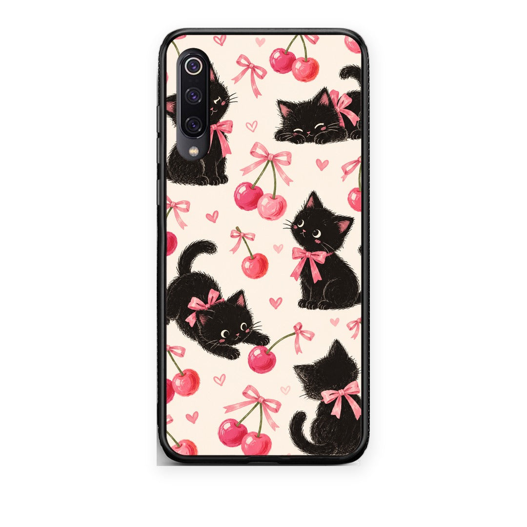 Θήκη Xiaomi Mi 9 Black Kittens and Cherries on Cream από τη Smartfits με σχέδιο στο πίσω μέρος και μαύρο περίβλημα | Xiaomi Mi 9 Black Kittens and Cherries on Cream case with colorful back and black bezels
