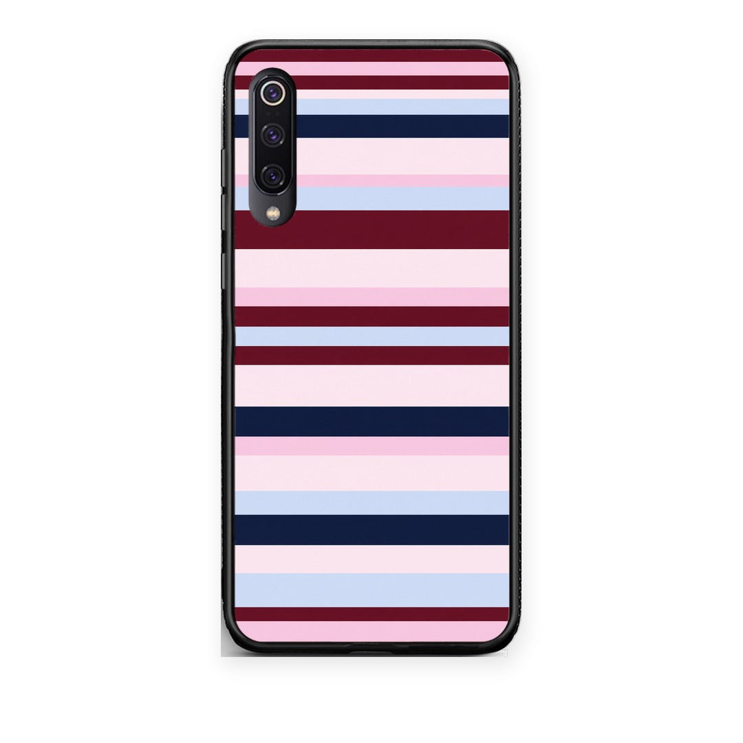 Θήκη Xiaomi Mi 9 Burgundy Pink and Blue Horizontal Stripes από τη Smartfits με σχέδιο στο πίσω μέρος και μαύρο περίβλημα | Xiaomi Mi 9 Burgundy Pink and Blue Horizontal Stripes case with colorful back and black bezels