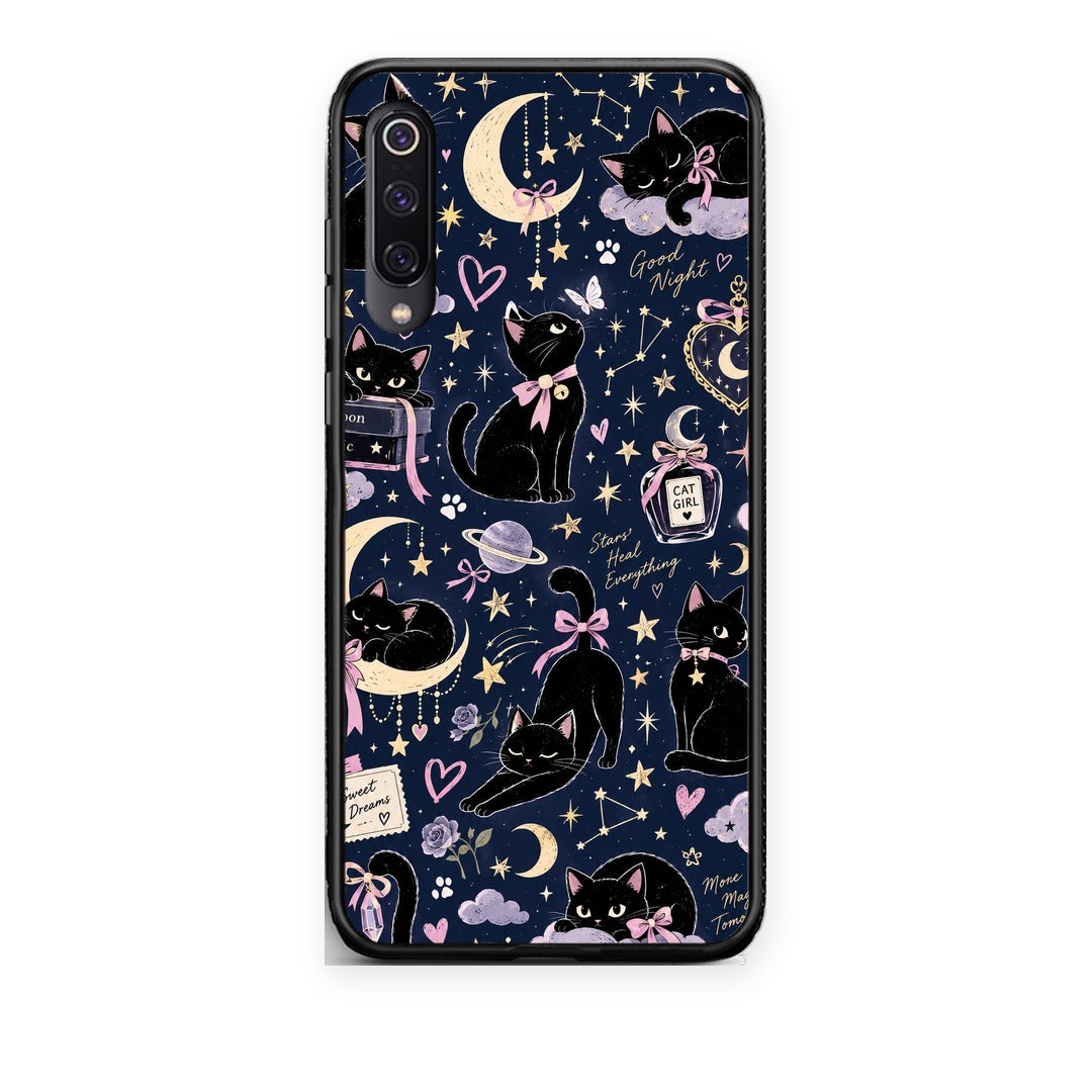 Θήκη Xiaomi Mi 9 Celestial Black Cats on Navy από τη Smartfits με σχέδιο στο πίσω μέρος και μαύρο περίβλημα | Xiaomi Mi 9 Celestial Black Cats on Navy case with colorful back and black bezels