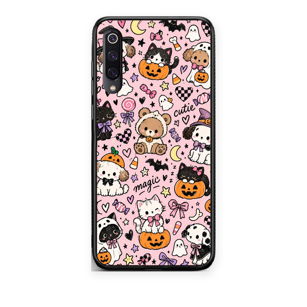 Θήκη Xiaomi Mi 9 Halloween Cute Animals on Pink από τη Smartfits με σχέδιο στο πίσω μέρος και μαύρο περίβλημα | Xiaomi Mi 9 Halloween Cute Animals on Pink case with colorful back and black bezels