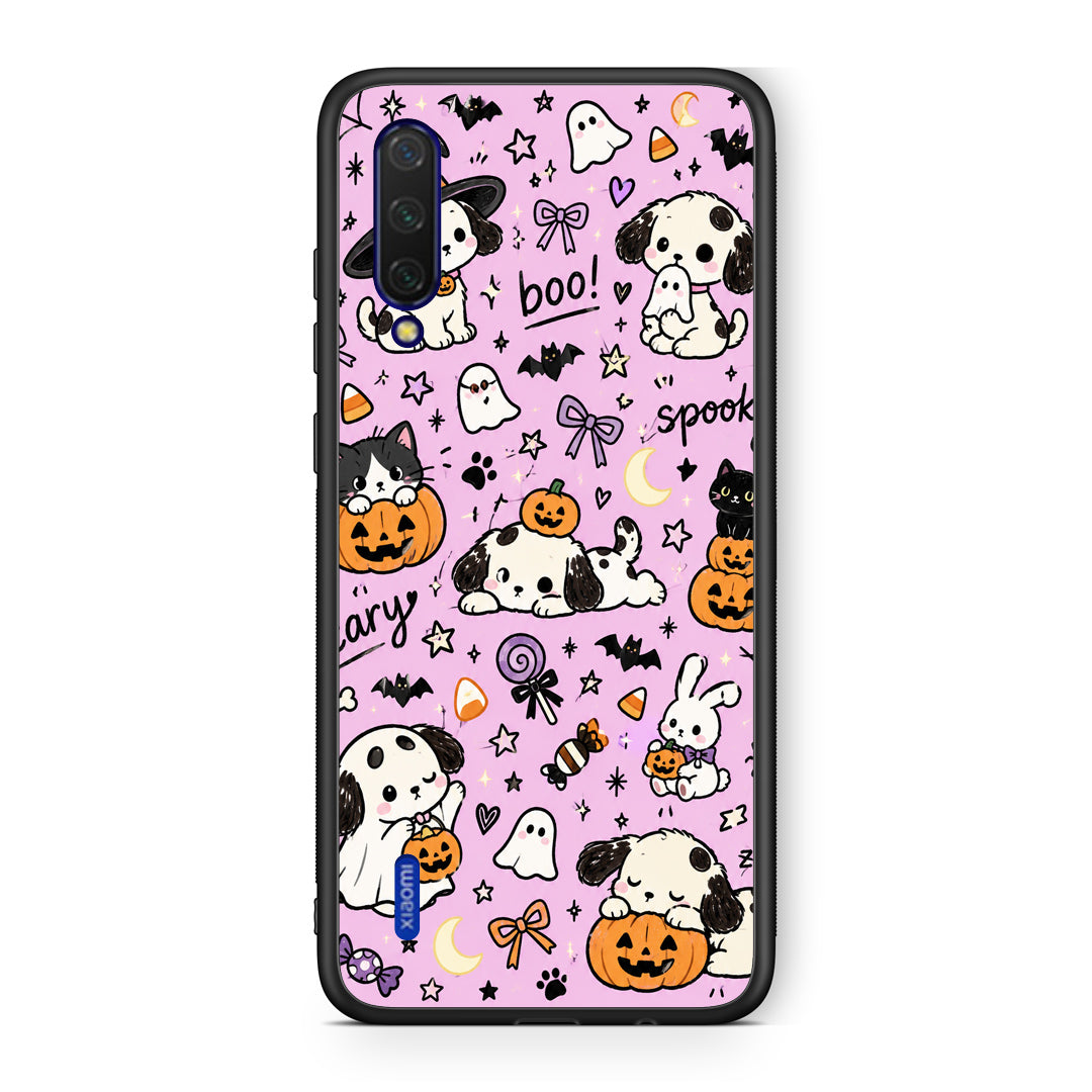 Θήκη Xiaomi Mi 9 Lite Halloween Puppies and Friends on Lilac από τη Smartfits με σχέδιο στο πίσω μέρος και μαύρο περίβλημα | Xiaomi Mi 9 Lite Halloween Puppies and Friends on Lilac case with colorful back and black bezels