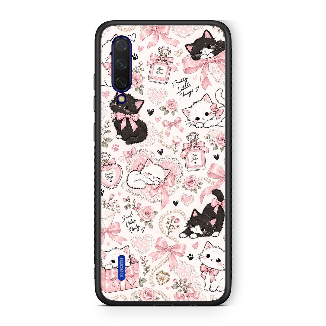 Θήκη Xiaomi Mi 9 Lite Pink Bows and Kittens Collage από τη Smartfits με σχέδιο στο πίσω μέρος και μαύρο περίβλημα | Xiaomi Mi 9 Lite Pink Bows and Kittens Collage case with colorful back and black bezels