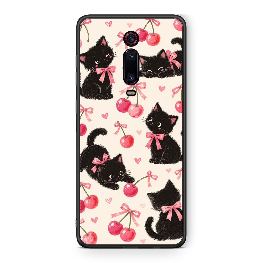 Θήκη Xiaomi Redmi K20 / K20 Pro Black Kittens and Cherries on Cream από τη Smartfits με σχέδιο στο πίσω μέρος και μαύρο περίβλημα | Xiaomi Redmi K20 / K20 Pro Black Kittens and Cherries on Cream case with colorful back and black bezels