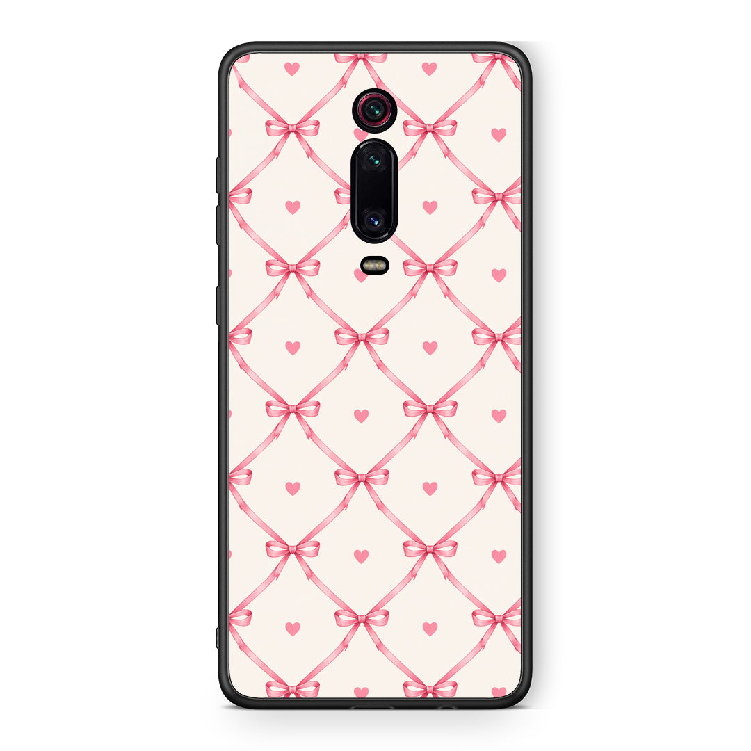 Θήκη Xiaomi Redmi K20 / K20 Pro Pink Bow Lattice and Hearts on Cream από τη Smartfits με σχέδιο στο πίσω μέρος και μαύρο περίβλημα | Xiaomi Redmi K20 / K20 Pro Pink Bow Lattice and Hearts on Cream case with colorful back and black bezels