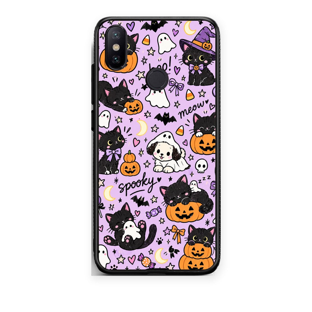 Θήκη Xiaomi Mi A2 Halloween Black Cats on Lilac από τη Smartfits με σχέδιο στο πίσω μέρος και μαύρο περίβλημα | Xiaomi Mi A2 Halloween Black Cats on Lilac case with colorful back and black bezels