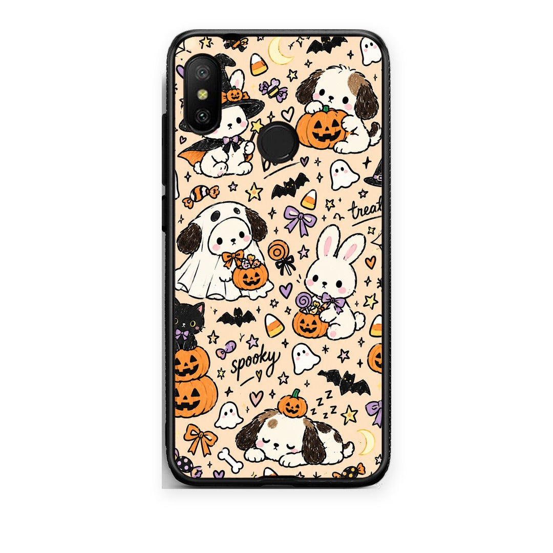 Θήκη Xiaomi Mi A2 Lite Halloween Puppies and Friends on Cream από τη Smartfits με σχέδιο στο πίσω μέρος και μαύρο περίβλημα | Xiaomi Mi A2 Lite Halloween Puppies and Friends on Cream case with colorful back and black bezels