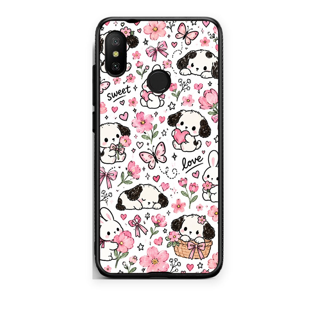 Θήκη Xiaomi Mi A2 Lite Pink Florals Puppies and Bunnies on White από τη Smartfits με σχέδιο στο πίσω μέρος και μαύρο περίβλημα | Xiaomi Mi A2 Lite Pink Florals Puppies and Bunnies on White case with colorful back and black bezels