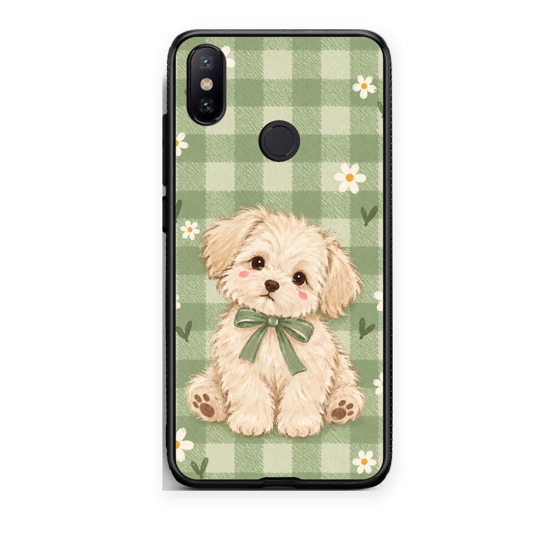 Θήκη Xiaomi Mi A2 Puppy and Daisies on Sage Gingham από τη Smartfits με σχέδιο στο πίσω μέρος και μαύρο περίβλημα | Xiaomi Mi A2 Puppy and Daisies on Sage Gingham case with colorful back and black bezels