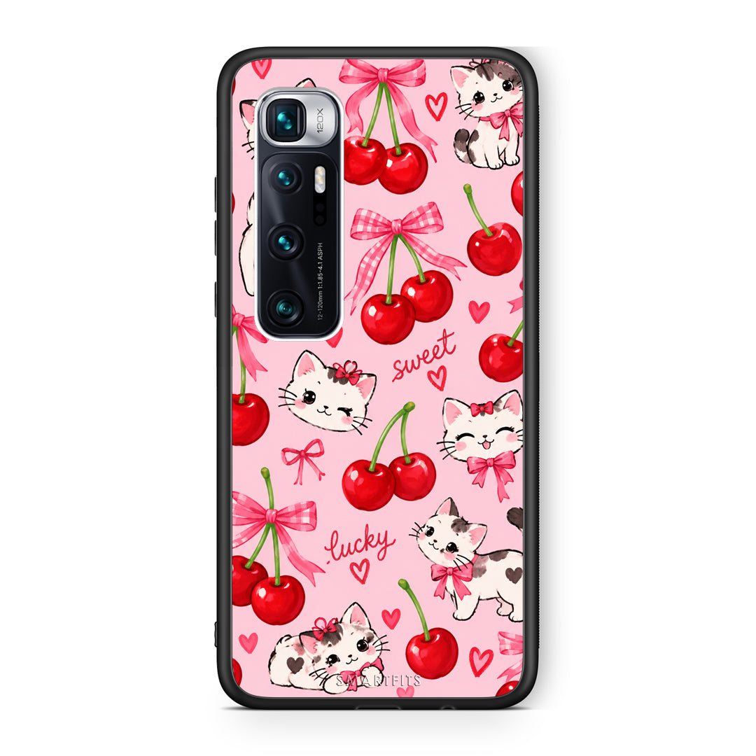 Θήκη Xiaomi Mi 10 Ultra Cherries Bows and Kittens on Pink από τη Smartfits με σχέδιο στο πίσω μέρος και μαύρο περίβλημα | Xiaomi Mi 10 Ultra Cherries Bows and Kittens on Pink case with colorful back and black bezels