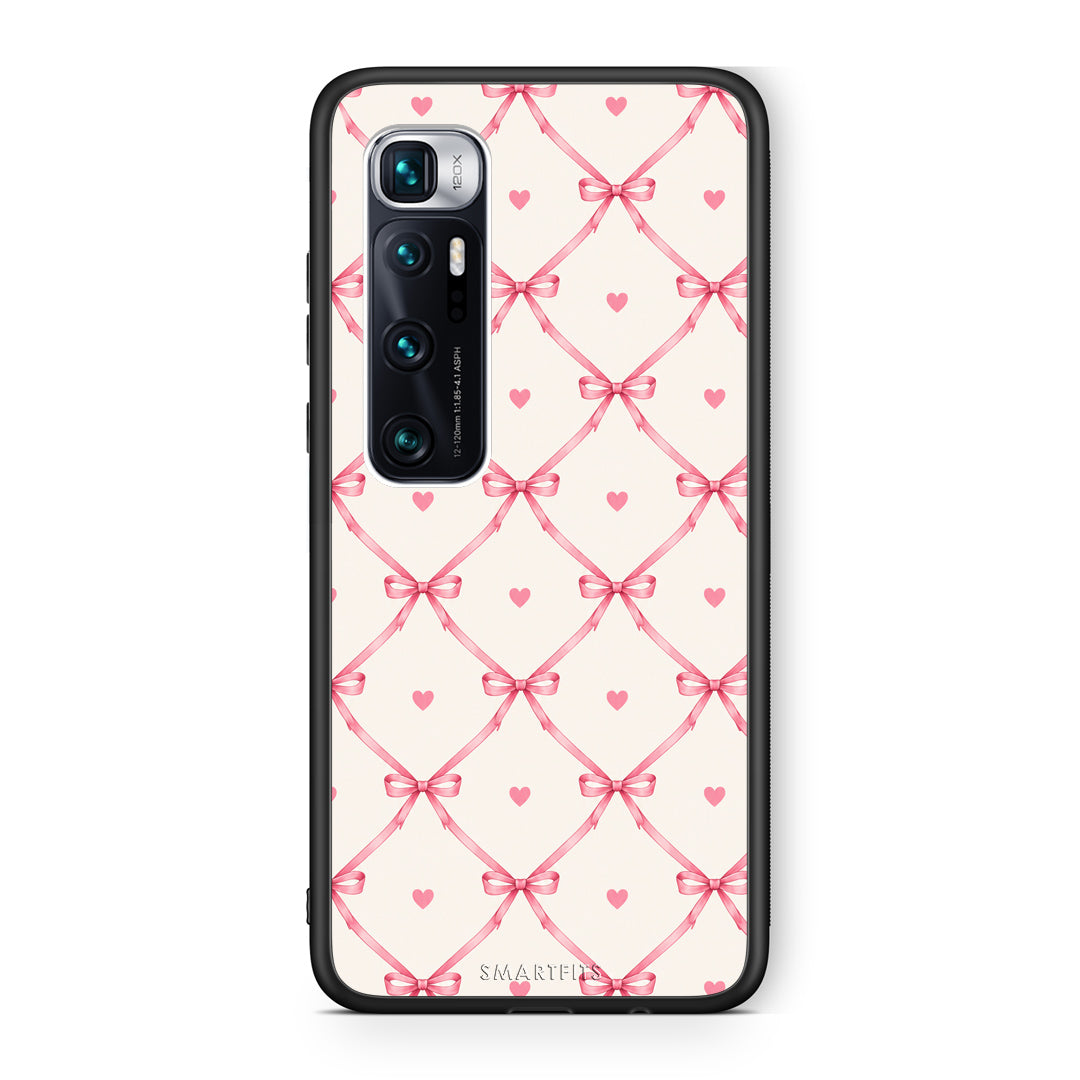 Θήκη Xiaomi Mi 10 Ultra Pink Bow Lattice and Hearts on Cream από τη Smartfits με σχέδιο στο πίσω μέρος και μαύρο περίβλημα | Xiaomi Mi 10 Ultra Pink Bow Lattice and Hearts on Cream case with colorful back and black bezels