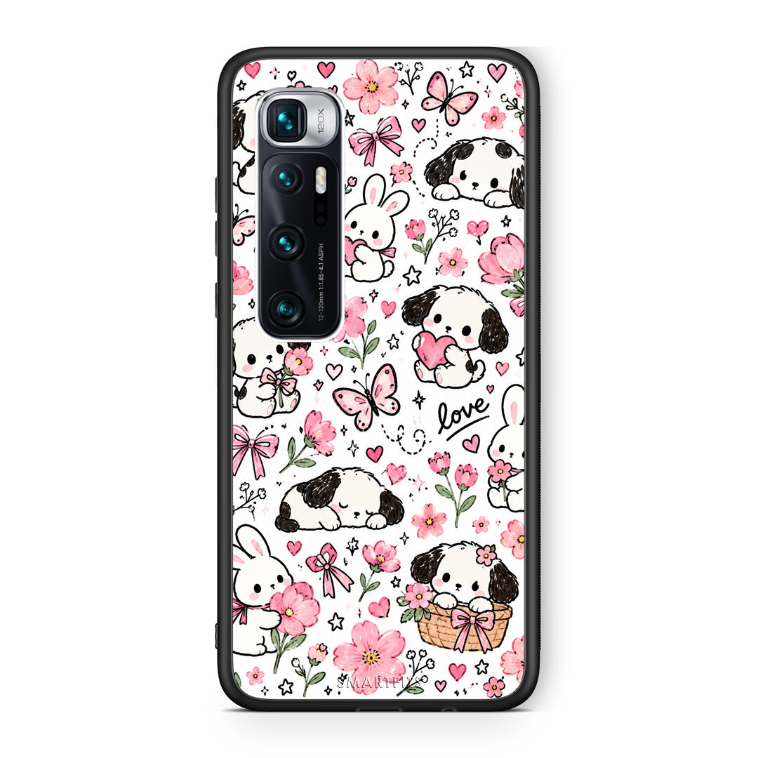 Θήκη Xiaomi Mi 10 Ultra Pink Florals Puppies and Bunnies on White από τη Smartfits με σχέδιο στο πίσω μέρος και μαύρο περίβλημα | Xiaomi Mi 10 Ultra Pink Florals Puppies and Bunnies on White case with colorful back and black bezels