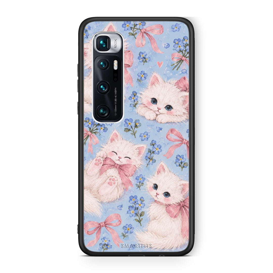 Θήκη Xiaomi Mi 10 Ultra White Kittens and Blue Flowers Large από τη Smartfits με σχέδιο στο πίσω μέρος και μαύρο περίβλημα | Xiaomi Mi 10 Ultra White Kittens and Blue Flowers Large case with colorful back and black bezels