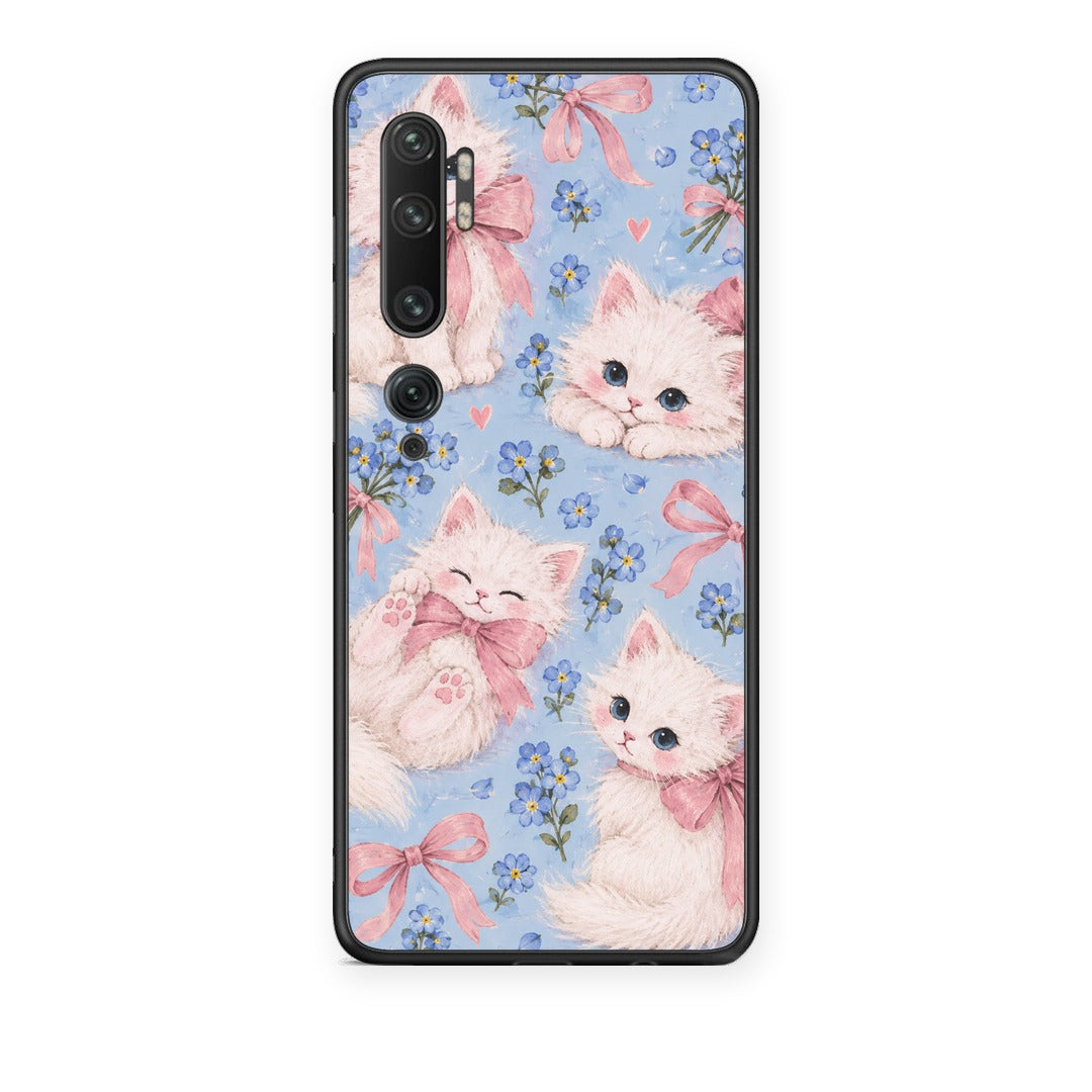 Θήκη Xiaomi Mi Note 10 / 10 Pro White Kittens and Blue Flowers Large από τη Smartfits με σχέδιο στο πίσω μέρος και μαύρο περίβλημα | Xiaomi Mi Note 10 / 10 Pro White Kittens and Blue Flowers Large case with colorful back and black bezels