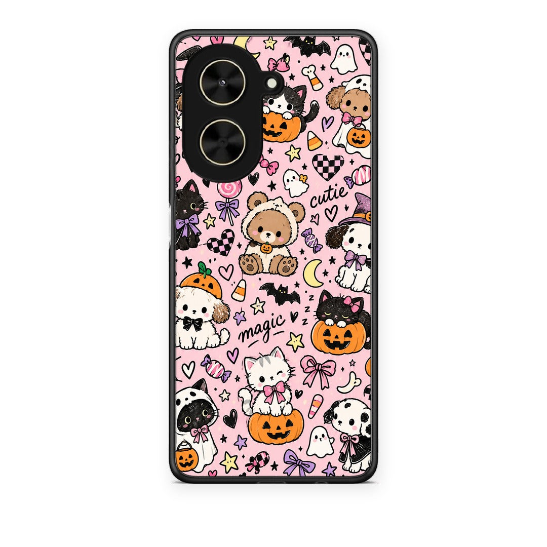 Θήκη Xiaomi Poco C71 Halloween Cute Animals on Pink από τη Smartfits με σχέδιο στο πίσω μέρος και μαύρο περίβλημα | Xiaomi Poco C71 Halloween Cute Animals on Pink case with colorful back and black bezels