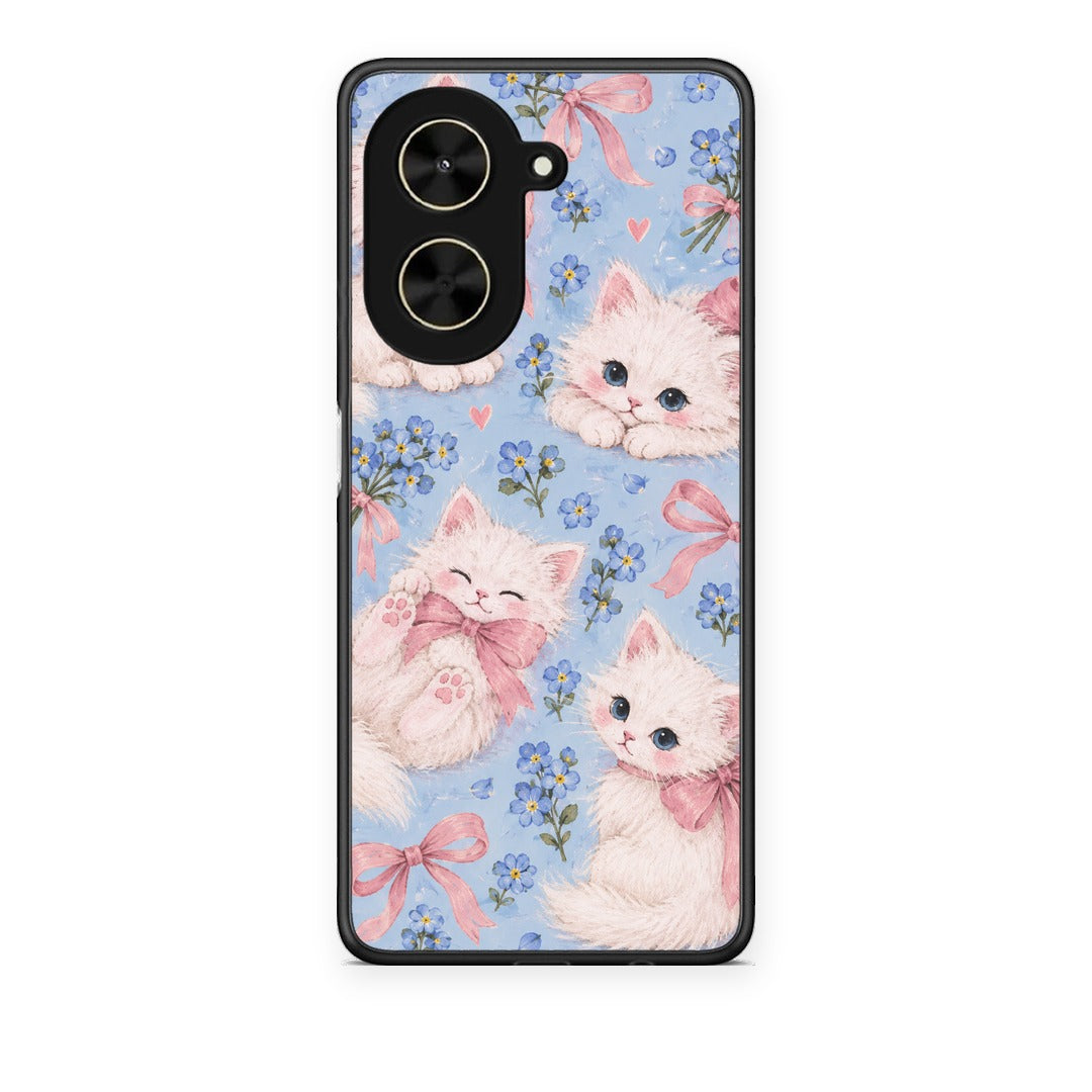 Θήκη Xiaomi Poco C71 White Kittens and Blue Flowers Large από τη Smartfits με σχέδιο στο πίσω μέρος και μαύρο περίβλημα | Xiaomi Poco C71 White Kittens and Blue Flowers Large case with colorful back and black bezels