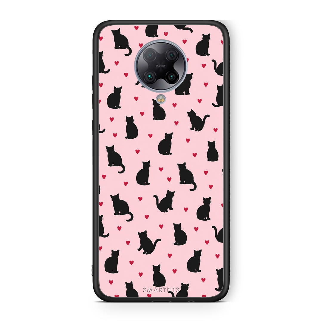 Θήκη Xiaomi Poco F2 Pro Black Cat Silhouettes and Hearts on Pink από τη Smartfits με σχέδιο στο πίσω μέρος και μαύρο περίβλημα | Xiaomi Poco F2 Pro Black Cat Silhouettes and Hearts on Pink case with colorful back and black bezels