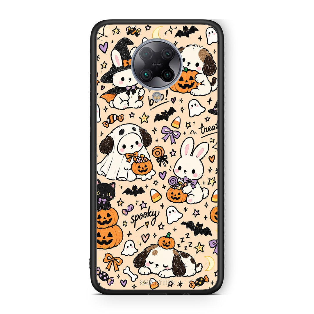 Θήκη Xiaomi Poco F2 Pro Halloween Puppies and Friends on Cream από τη Smartfits με σχέδιο στο πίσω μέρος και μαύρο περίβλημα | Xiaomi Poco F2 Pro Halloween Puppies and Friends on Cream case with colorful back and black bezels
