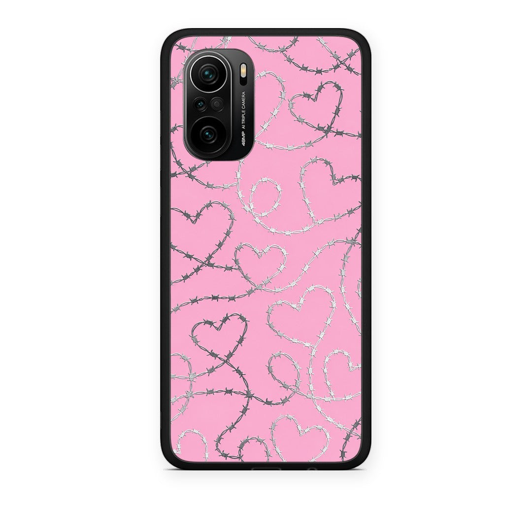 Θήκη Xiaomi Poco F3 Barbed Wire Hearts on Pink από τη Smartfits με σχέδιο στο πίσω μέρος και μαύρο περίβλημα | Xiaomi Poco F3 Barbed Wire Hearts on Pink case with colorful back and black bezels
