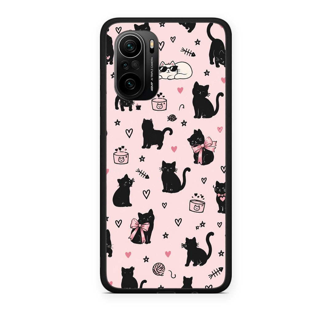 Θήκη Xiaomi Mi 11i Black Cat Doodles on Pink από τη Smartfits με σχέδιο στο πίσω μέρος και μαύρο περίβλημα | Xiaomi Mi 11i Black Cat Doodles on Pink case with colorful back and black bezels
