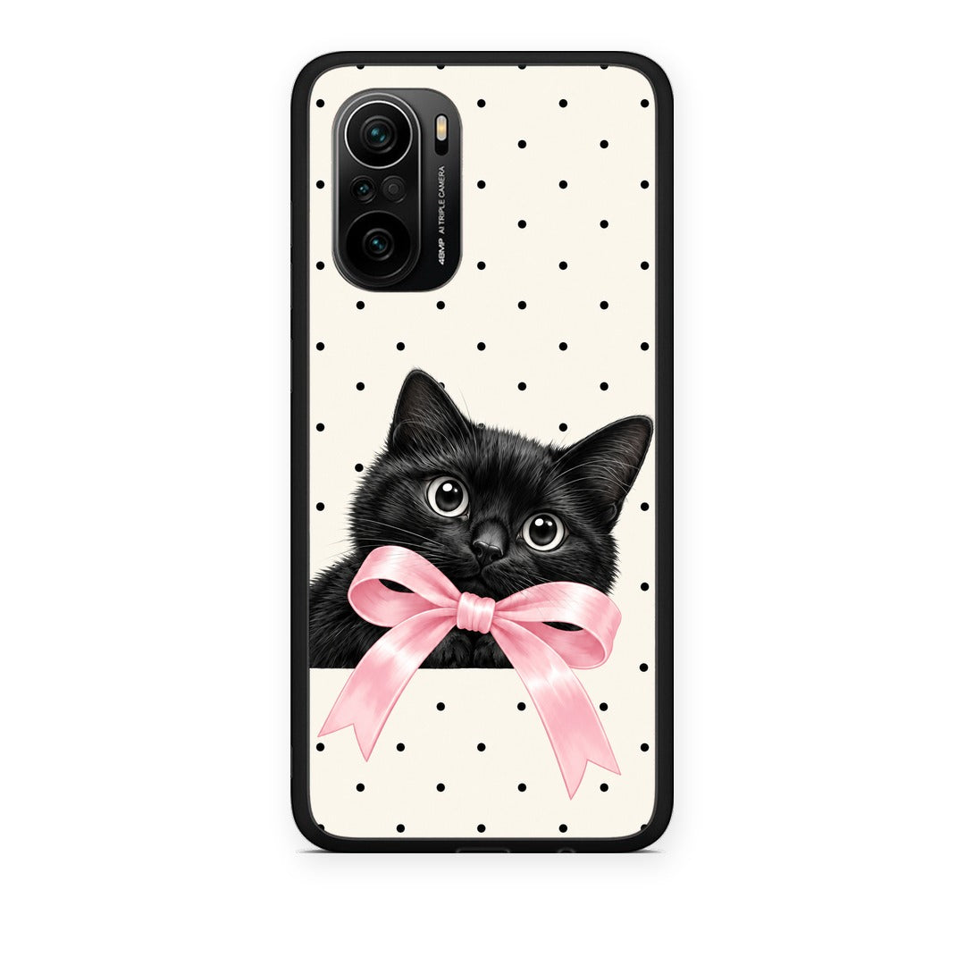 Θήκη Xiaomi Mi 11i Black Kitten Pink Bow and Polka Dots από τη Smartfits με σχέδιο στο πίσω μέρος και μαύρο περίβλημα | Xiaomi Mi 11i Black Kitten Pink Bow and Polka Dots case with colorful back and black bezels