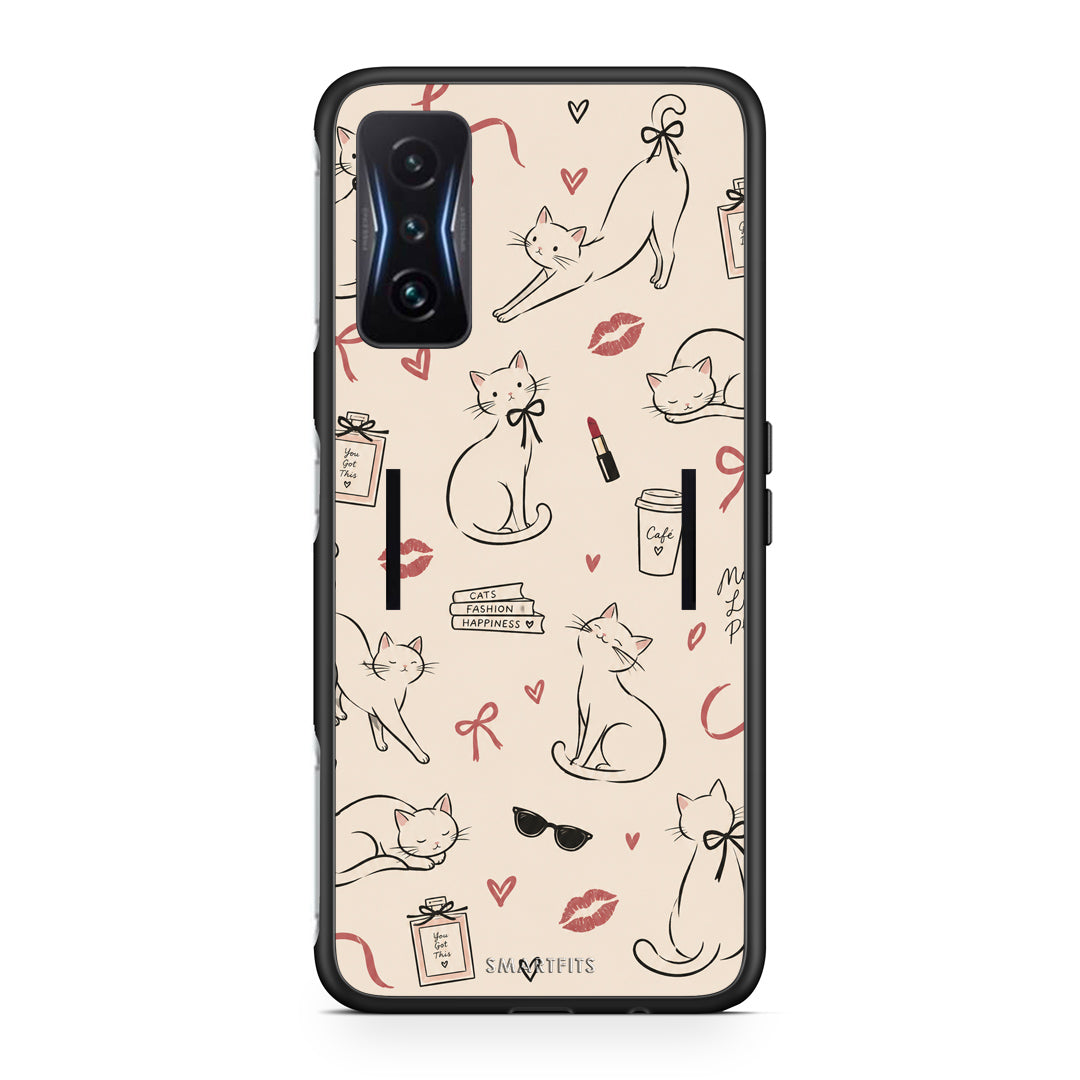 Θήκη Xiaomi Poco F4 GT Minimal Cat and Fashion Doodles on Cream από τη Smartfits με σχέδιο στο πίσω μέρος και μαύρο περίβλημα | Xiaomi Poco F4 GT Minimal Cat and Fashion Doodles on Cream case with colorful back and black bezels