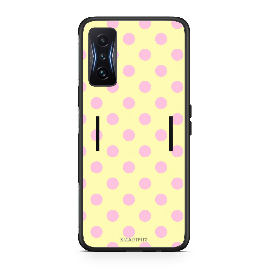 Θήκη Xiaomi Poco F4 GT Pink Polka Dots on Yellow από τη Smartfits με σχέδιο στο πίσω μέρος και μαύρο περίβλημα | Xiaomi Poco F4 GT Pink Polka Dots on Yellow case with colorful back and black bezels