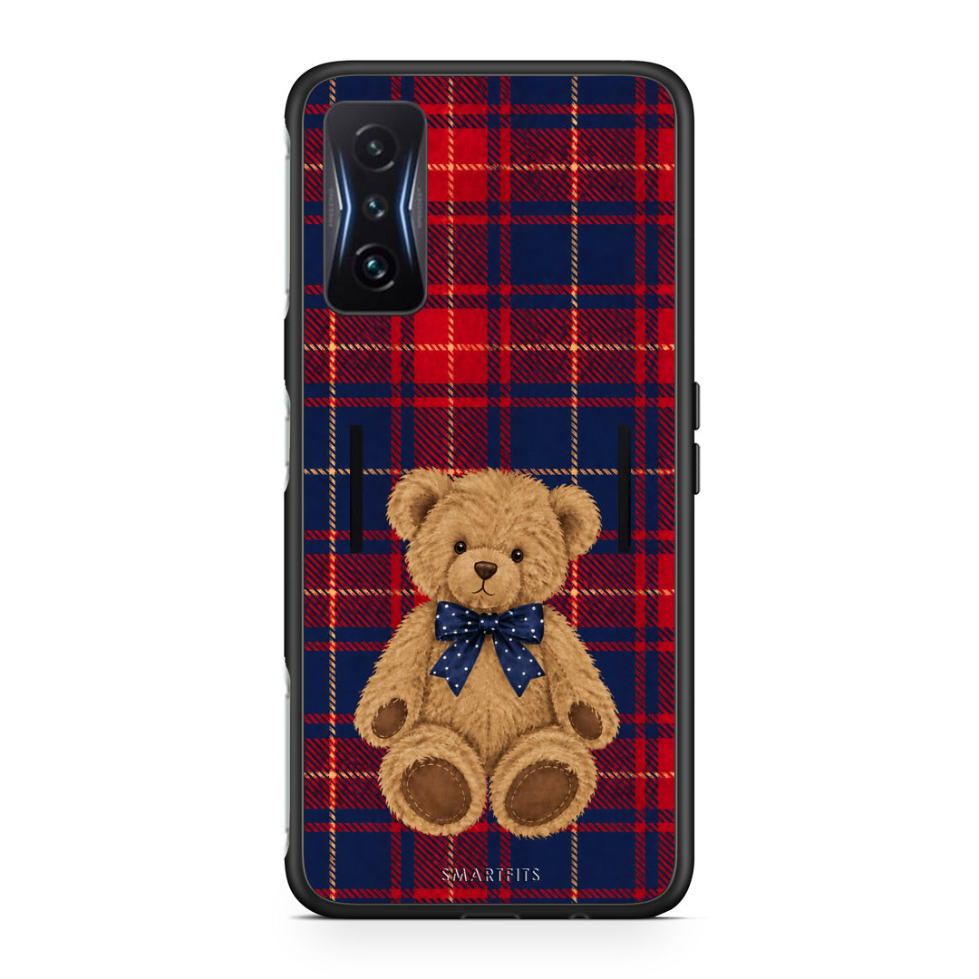 Θήκη Xiaomi Poco F4 GT Teddy Bear on Red and Navy Tartan από τη Smartfits με σχέδιο στο πίσω μέρος και μαύρο περίβλημα | Xiaomi Poco F4 GT Teddy Bear on Red and Navy Tartan case with colorful back and black bezels