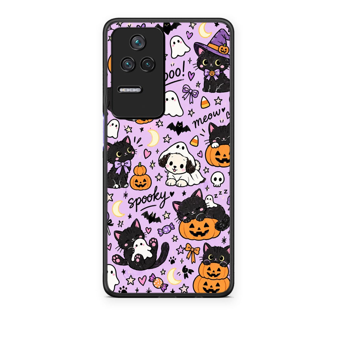 Θήκη Xiaomi Poco F4 / Redmi K40S Halloween Black Cats on Lilac από τη Smartfits με σχέδιο στο πίσω μέρος και μαύρο περίβλημα | Xiaomi Poco F4 / Redmi K40S Halloween Black Cats on Lilac case with colorful back and black bezels