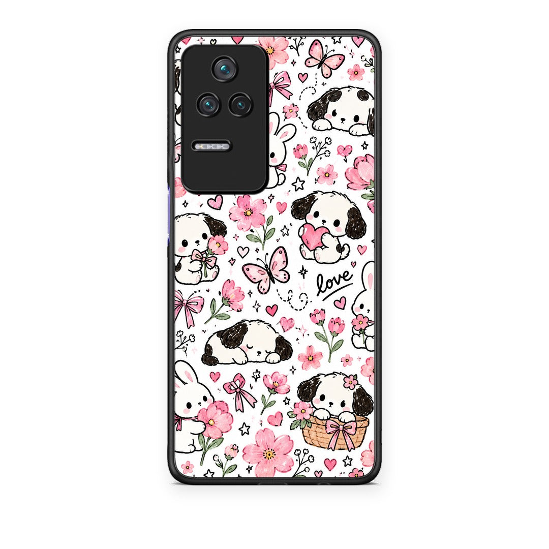 Θήκη Xiaomi Poco F4 / Redmi K40S Pink Florals Puppies and Bunnies on White από τη Smartfits με σχέδιο στο πίσω μέρος και μαύρο περίβλημα | Xiaomi Poco F4 / Redmi K40S Pink Florals Puppies and Bunnies on White case with colorful back and black bezels
