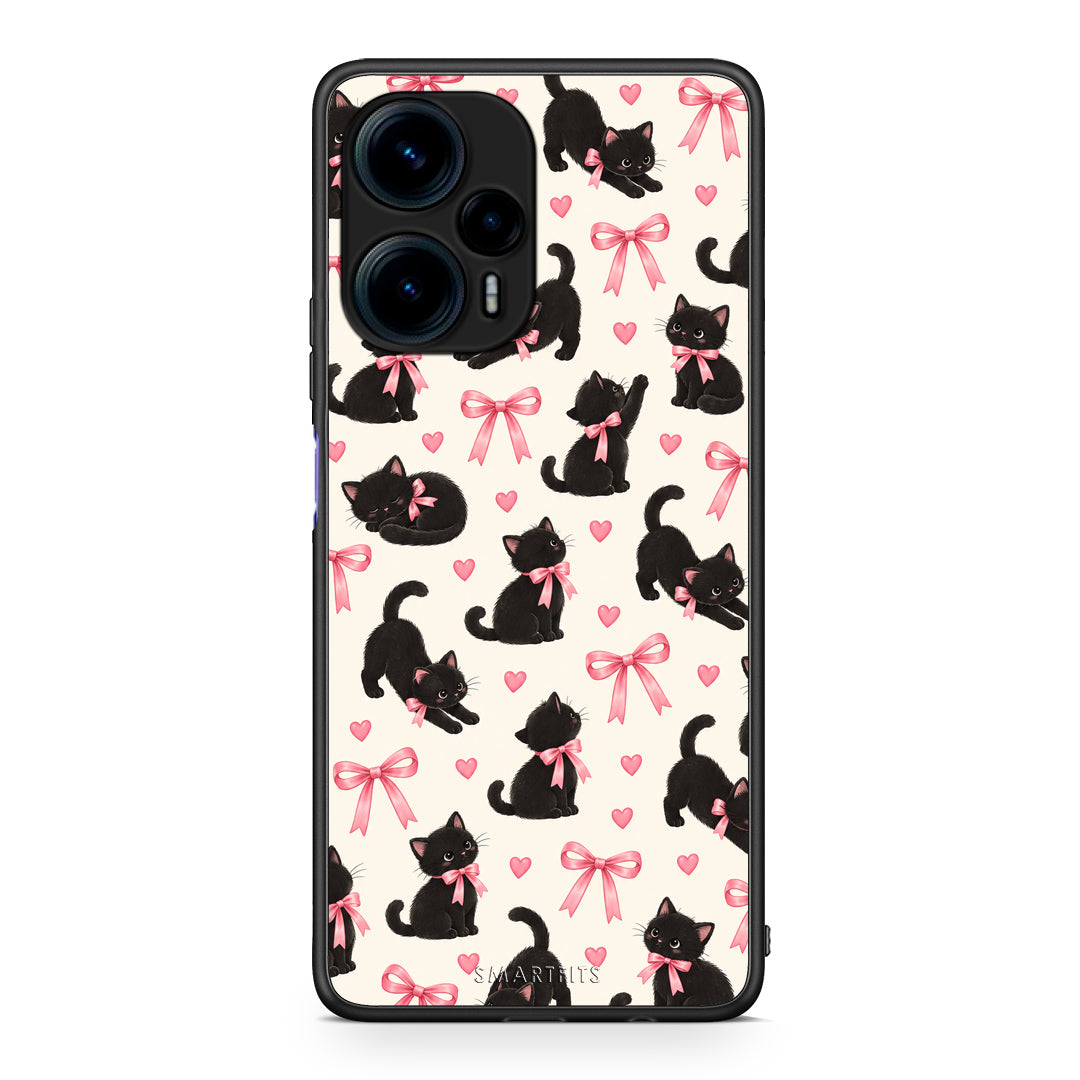 Θήκη Xiaomi Poco F5 5G Black Kittens and Pink Bows on Cream Small από τη Smartfits με σχέδιο στο πίσω μέρος και μαύρο περίβλημα | Xiaomi Poco F5 5G Black Kittens and Pink Bows on Cream Small case with colorful back and black bezels