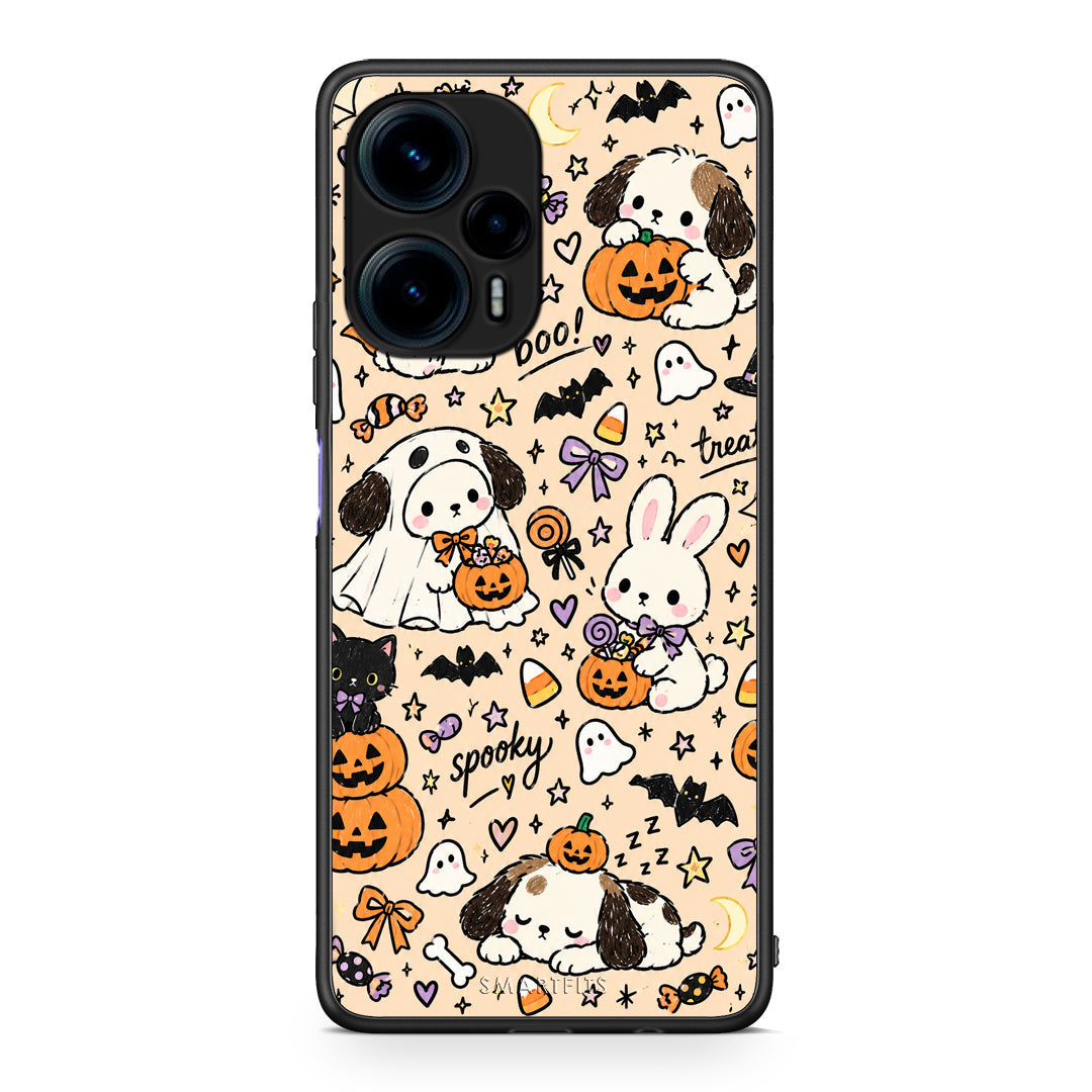 Θήκη Xiaomi Poco F5 5G Halloween Puppies and Friends on Cream από τη Smartfits με σχέδιο στο πίσω μέρος και μαύρο περίβλημα | Xiaomi Poco F5 5G Halloween Puppies and Friends on Cream case with colorful back and black bezels