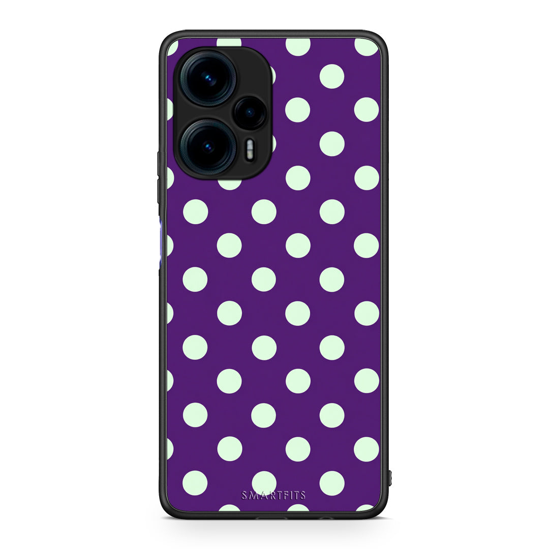 Θήκη Xiaomi Poco F5 5G Mint Polka Dots on Purple από τη Smartfits με σχέδιο στο πίσω μέρος και μαύρο περίβλημα | Xiaomi Poco F5 5G Mint Polka Dots on Purple case with colorful back and black bezels