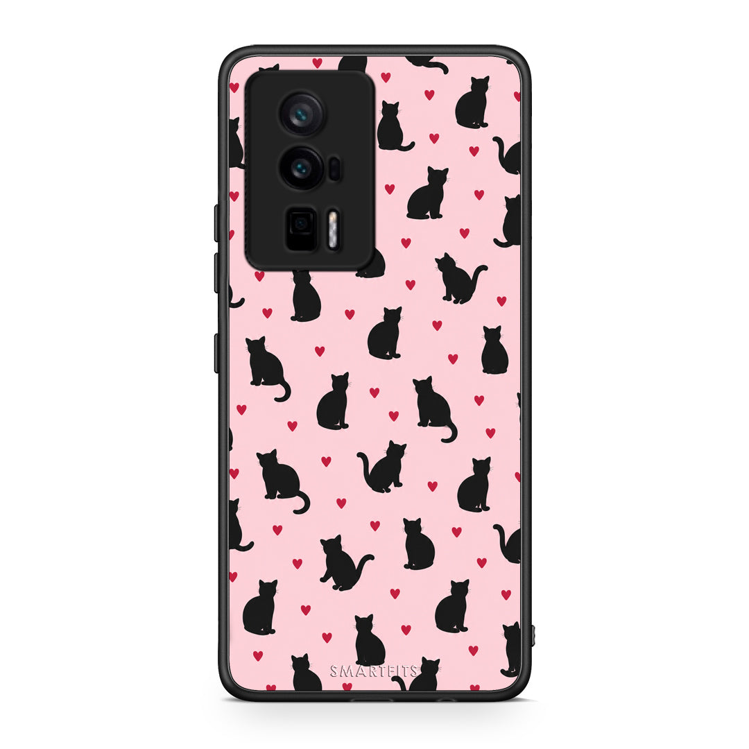 Θήκη Xiaomi Poco F5 Pro / Redmi K60 Pro Black Cat Silhouettes and Hearts on Pink από τη Smartfits με σχέδιο στο πίσω μέρος και μαύρο περίβλημα | Xiaomi Poco F5 Pro / Redmi K60 Pro Black Cat Silhouettes and Hearts on Pink case with colorful back and black bezels