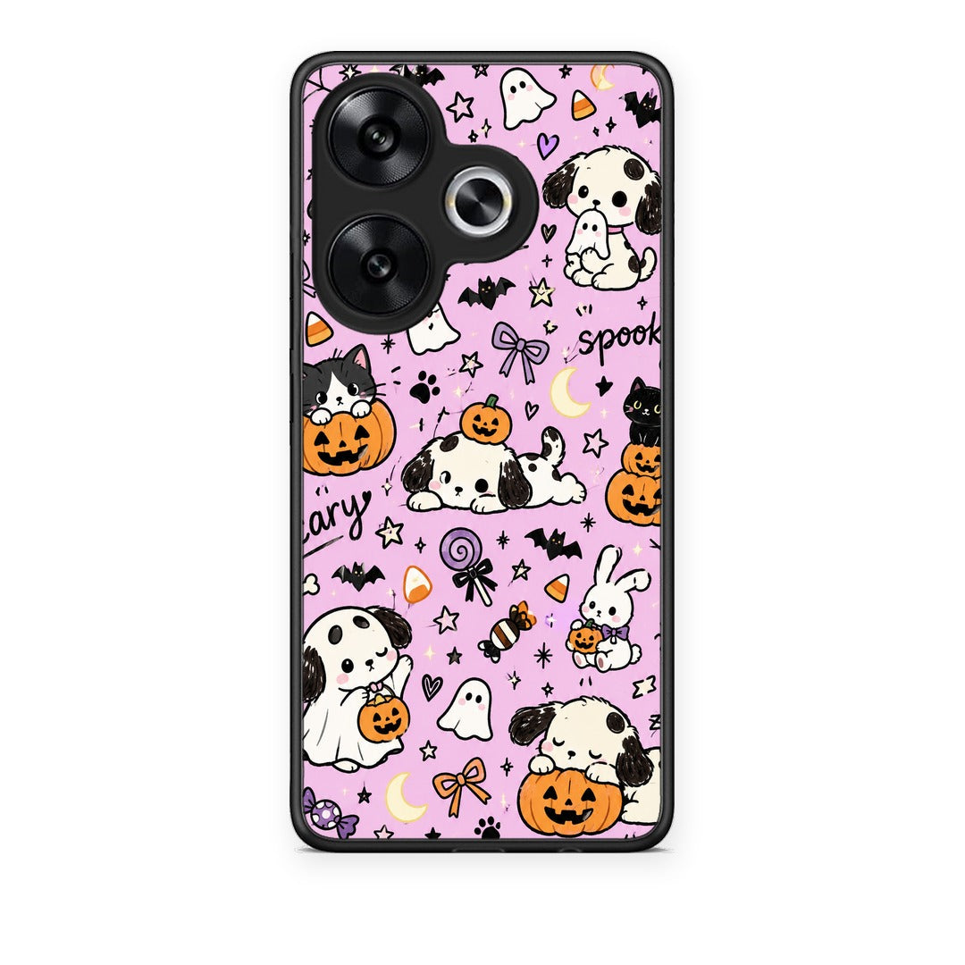 Θήκη Xiaomi Poco F6 Halloween Puppies and Friends on Lilac από τη Smartfits με σχέδιο στο πίσω μέρος και μαύρο περίβλημα | Xiaomi Poco F6 Halloween Puppies and Friends on Lilac case with colorful back and black bezels