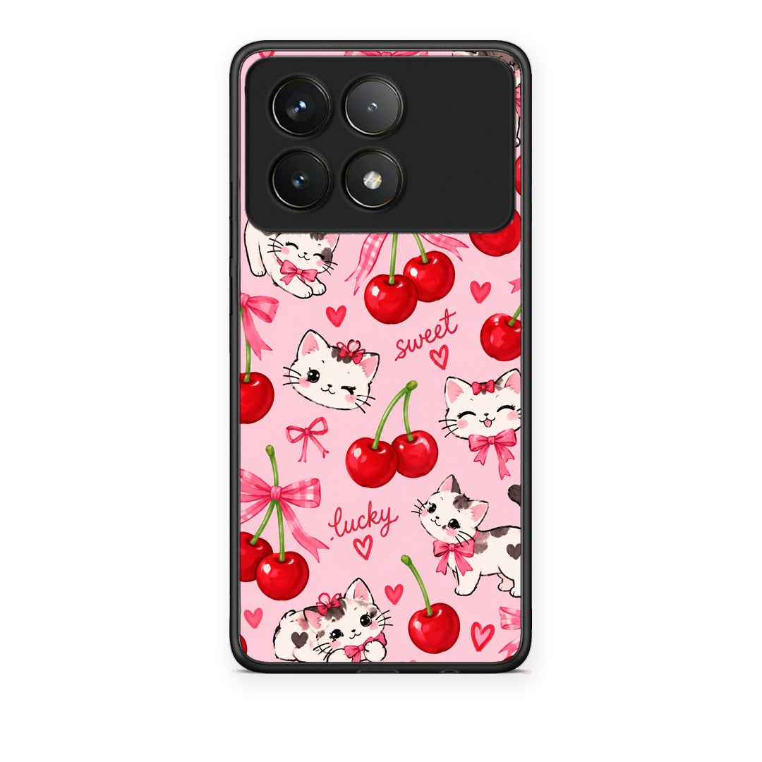 Θήκη Xiaomi Poco F6 Pro 5G Cherries Bows and Kittens on Pink από τη Smartfits με σχέδιο στο πίσω μέρος και μαύρο περίβλημα | Xiaomi Poco F6 Pro 5G Cherries Bows and Kittens on Pink case with colorful back and black bezels