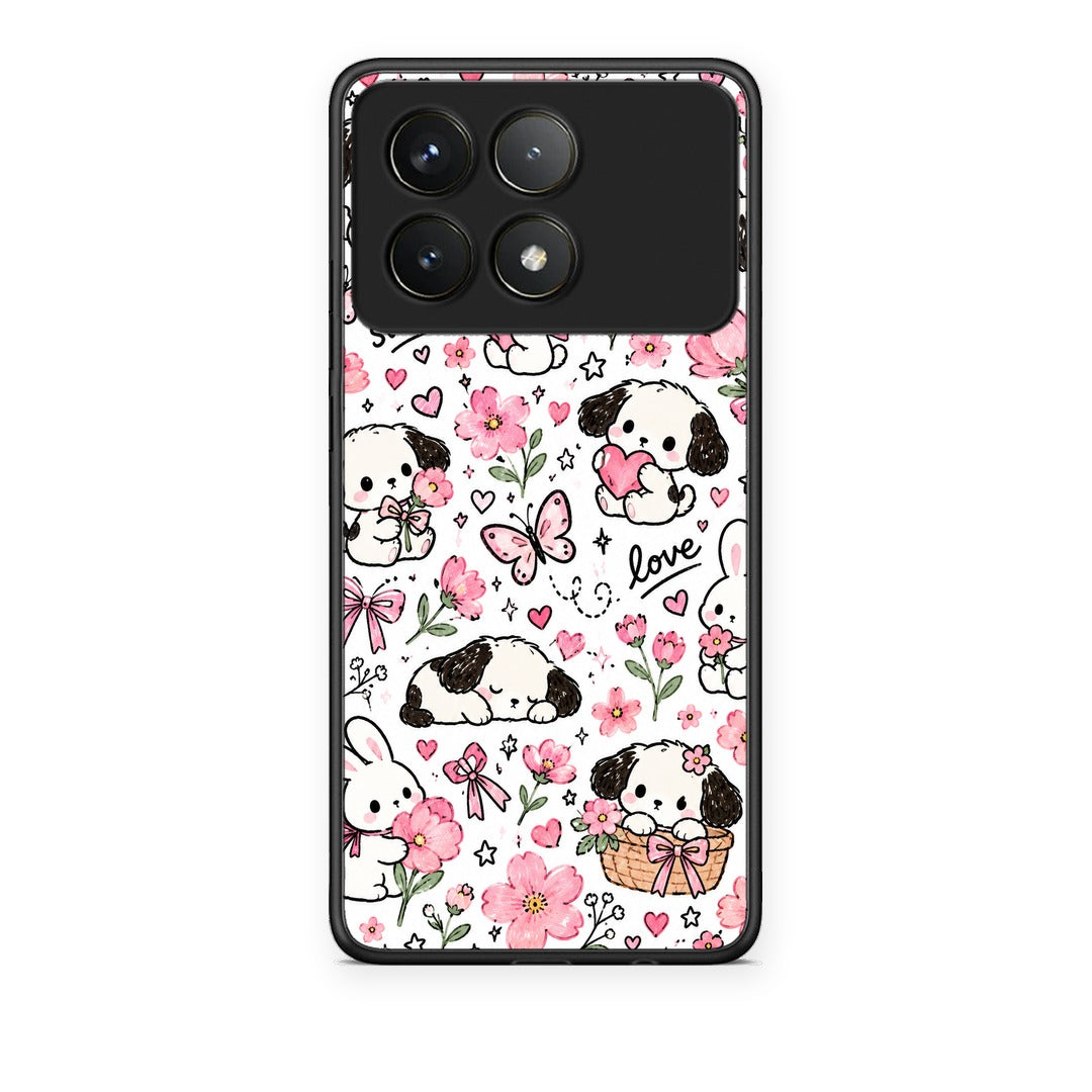 Θήκη Xiaomi Poco F6 Pro 5G Pink Florals Puppies and Bunnies on White από τη Smartfits με σχέδιο στο πίσω μέρος και μαύρο περίβλημα | Xiaomi Poco F6 Pro 5G Pink Florals Puppies and Bunnies on White case with colorful back and black bezels