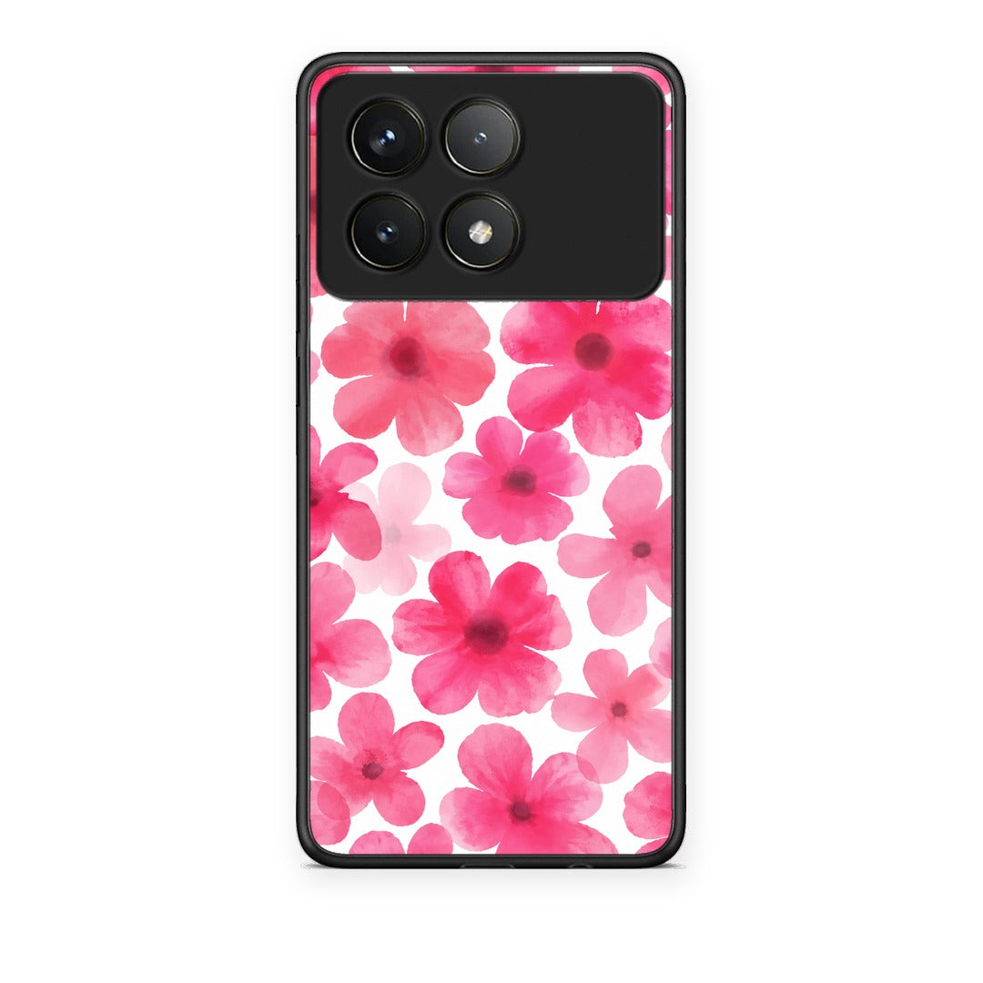 Θήκη Xiaomi Poco F6 Pro 5G Pink Watercolour Flowers on White από τη Smartfits με σχέδιο στο πίσω μέρος και μαύρο περίβλημα | Xiaomi Poco F6 Pro 5G Pink Watercolour Flowers on White case with colorful back and black bezels